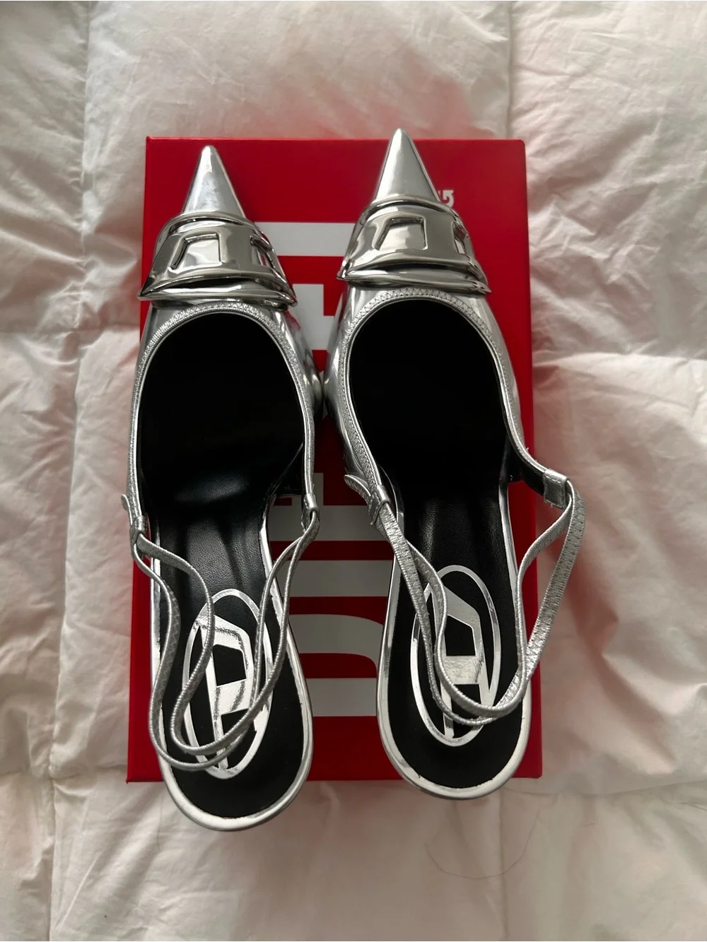 Diesel Silver Metallic Pointed Slingback Pumps with Buckle - Picture 6 of 6